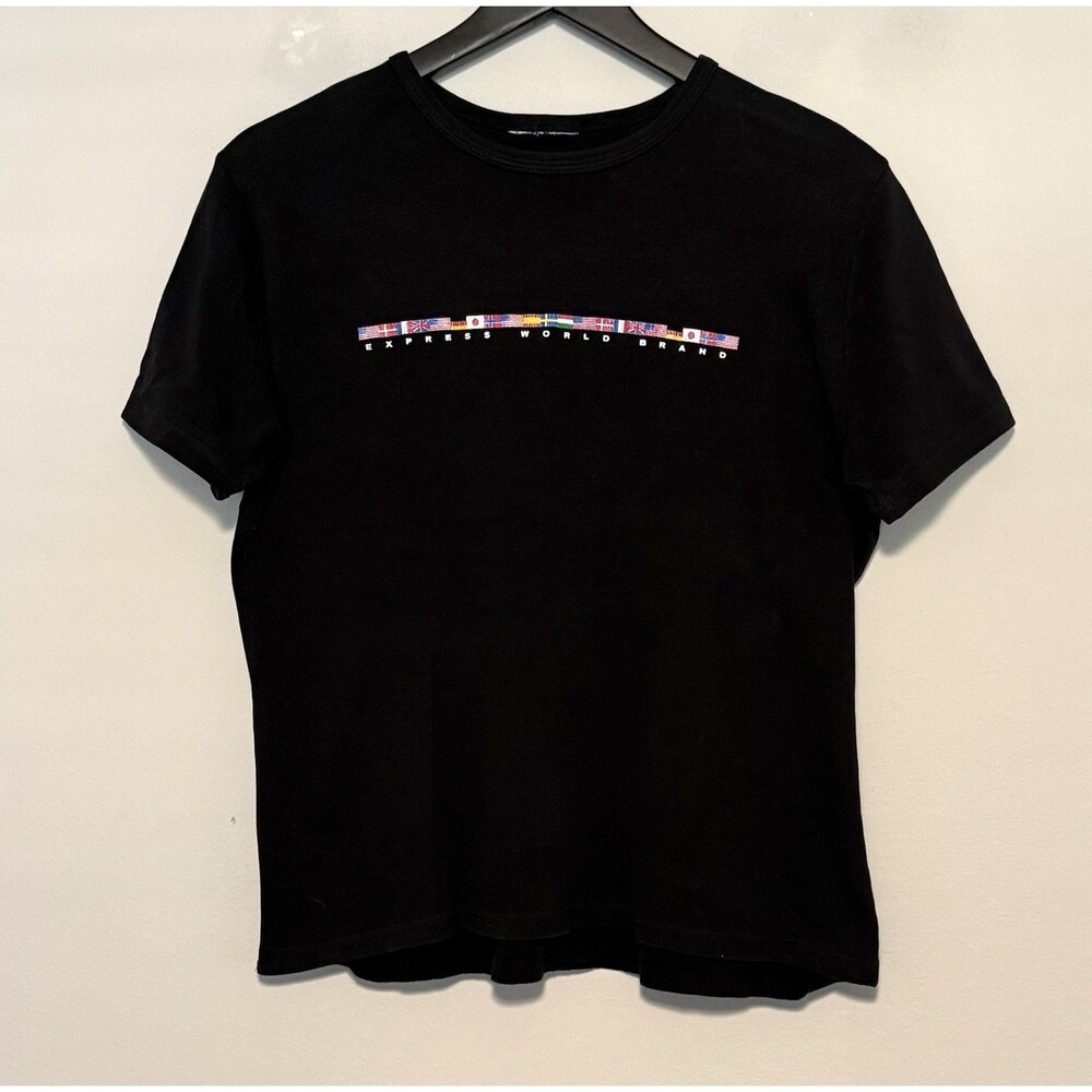 Vtg Express World Brand Womens T-Shirt XL Black Flags of the World 90s Y2K